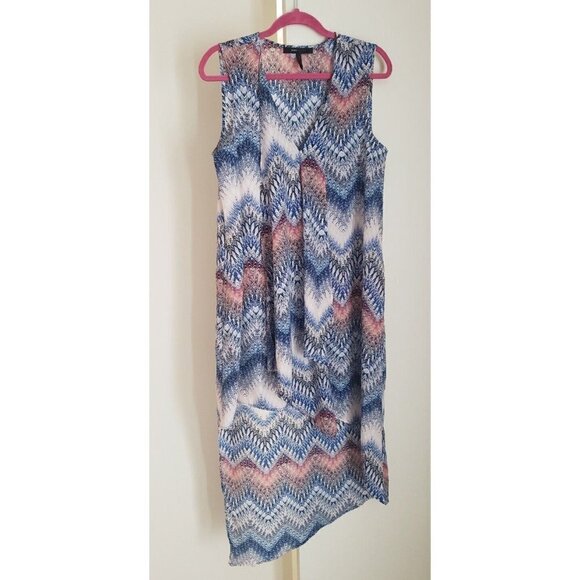 NEW BCBG MAXAZRIA ZIGZAG MULTICOLOR CASCADING HI-LOW RUFFLE DRESS SZ MEDIUM - Picture 1 of 5